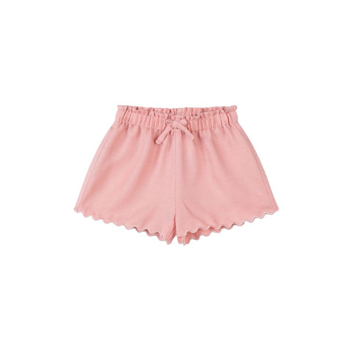 Girls pink lightweight shorts with scalloped hem and drawstring waist