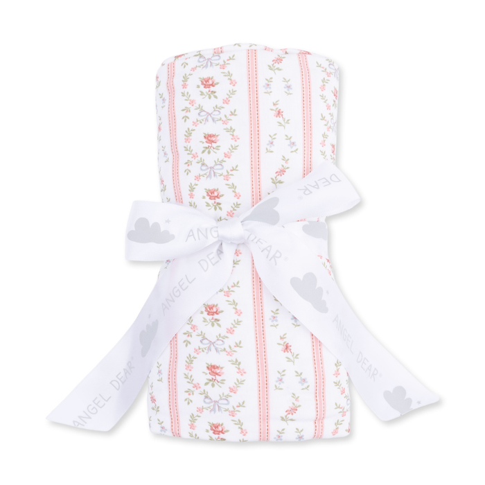 Vintage floral stripe baby swaddle blanket in soft pink tones, lightweight newborn blanket