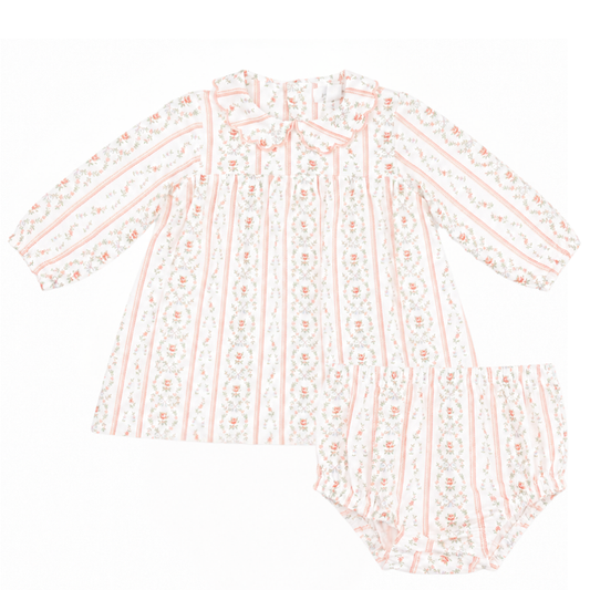 Baby girl rosebud stripe dress with scalloped embroidered collar and matching bloomers