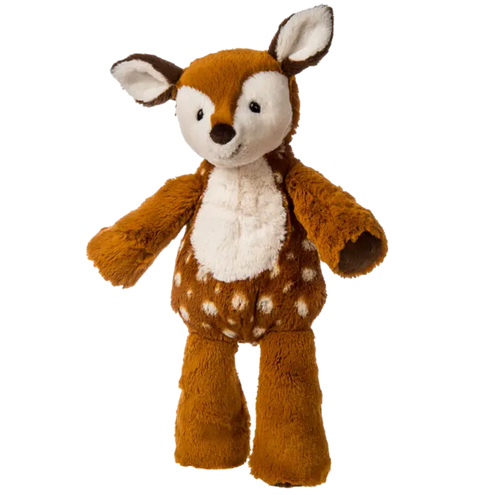 Plush brown fawn stuffed animal with white belly, spotted details, soft marshmallow texture, and gentle embroidered facial features