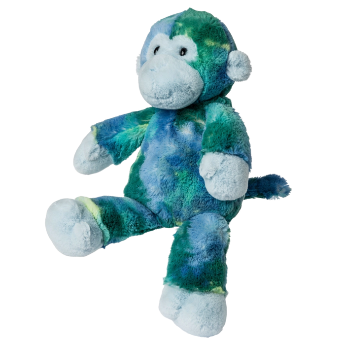 Blue and green plush monkey stuffed animal with marshmallow-soft fabric, floppy arms and legs, and a gentle embroidered face