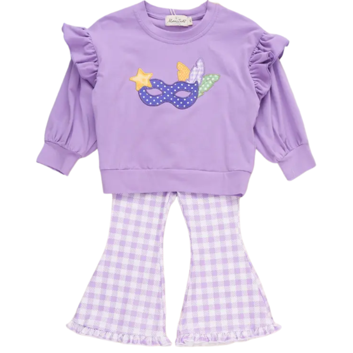 Girls lavender two-piece outfit with Mardi Gras mask applique sweatshirt, ruffle sleeves, and gingham bell-bottom pants.