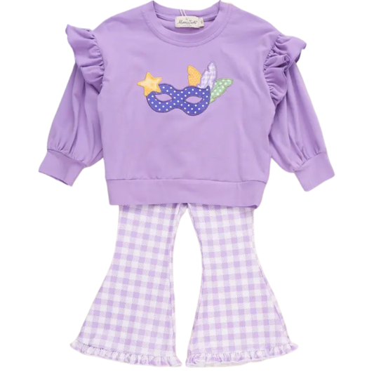 Girls lavender two-piece outfit with Mardi Gras mask applique sweatshirt, ruffle sleeves, and gingham bell-bottom pants.