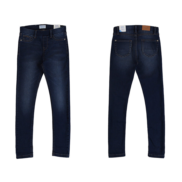 Dark wash blue jeggings.
