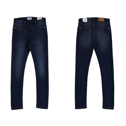 Dark wash blue jeggings.