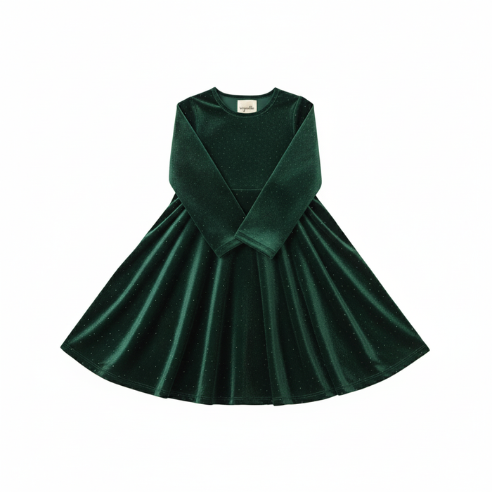 Long sleeve green velvet dress on a white background