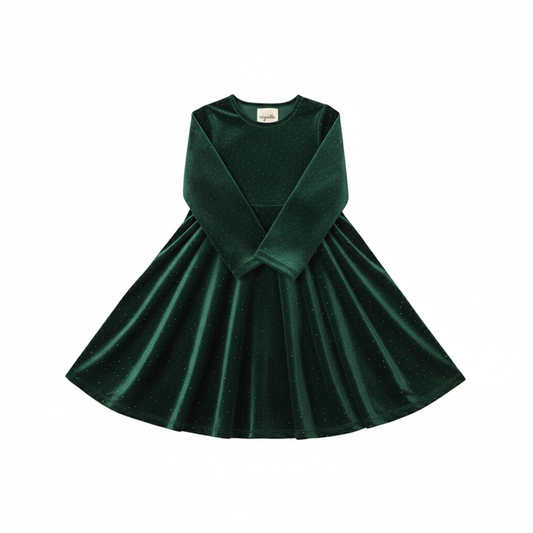 Long sleeve green velvet dress on a white background