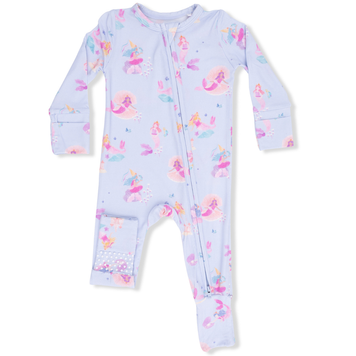 lavender baby convertible sleeper with fold over mitts and feet in a mermaid princess print