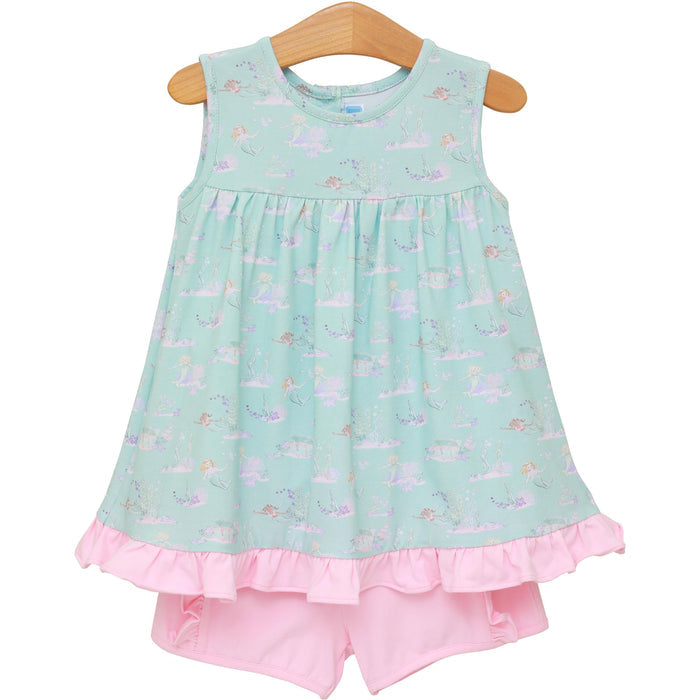 Girls mint green mermaid print sleeveless top with pink ruffle hem paired with solid pink shorts on white background.