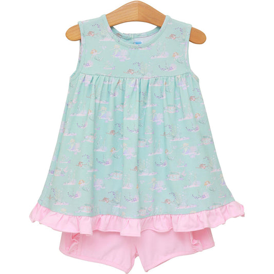 Girls mint green mermaid print sleeveless top with pink ruffle hem paired with solid pink shorts on white background.