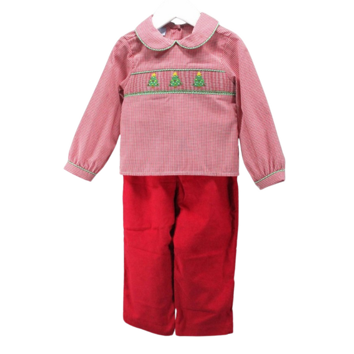 Front view of a boy's Christmas outfit on a hanger, featuring a red gingham long-sleeve top with smocked Christmas trees and matching red corduroy pants.