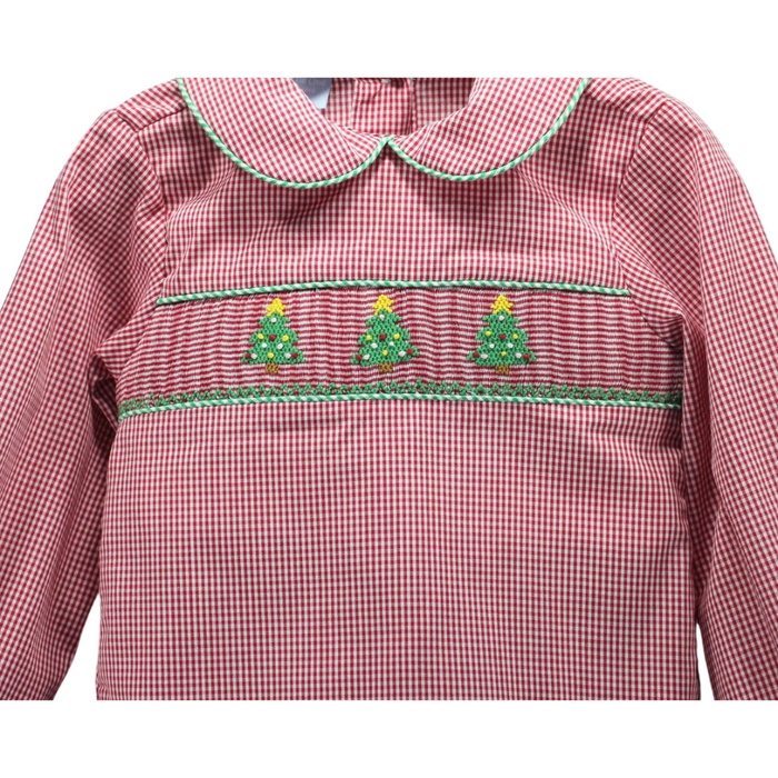Close-up of the red gingham shirt’s chest area, highlighting the hand-smocked Christmas tree embroidery with green and yellow detailing.