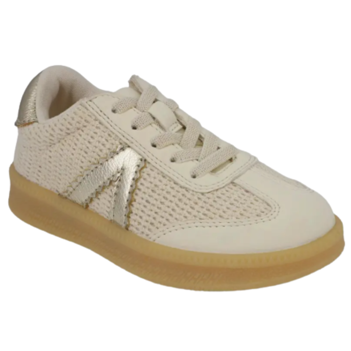 Beige girls sneaker with woven texture and metallic gold side accent, lace-up style with gum sole.