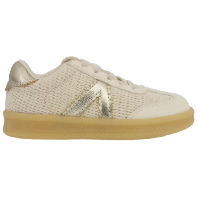 Beige girls sneaker with woven texture and metallic gold side accent, lace-up style with gum sole.