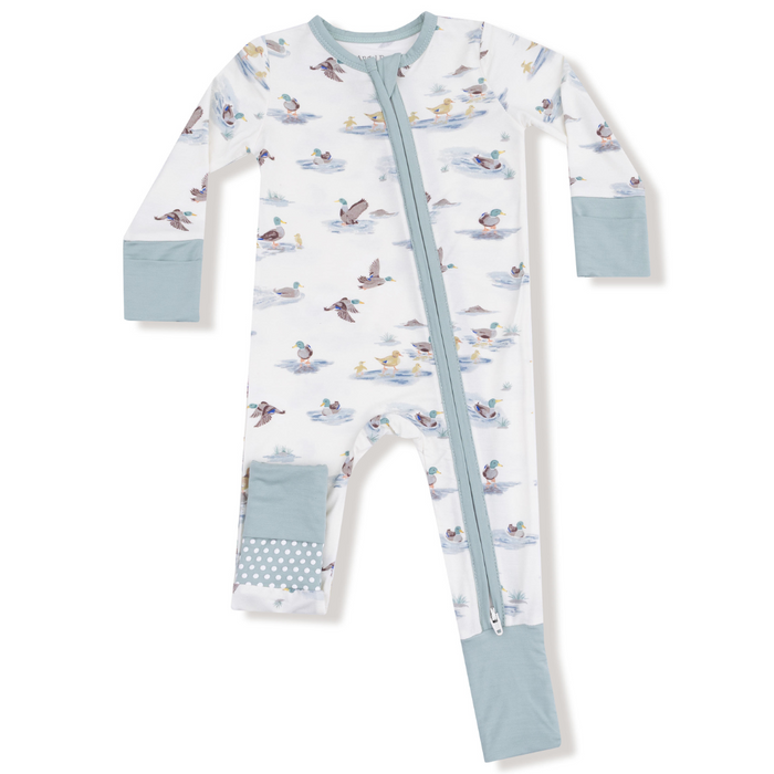 Front and back views of a baby romper with migrating mallard duck print, soft blue trim, and two-way zipper for easy diaper changes.


2/2