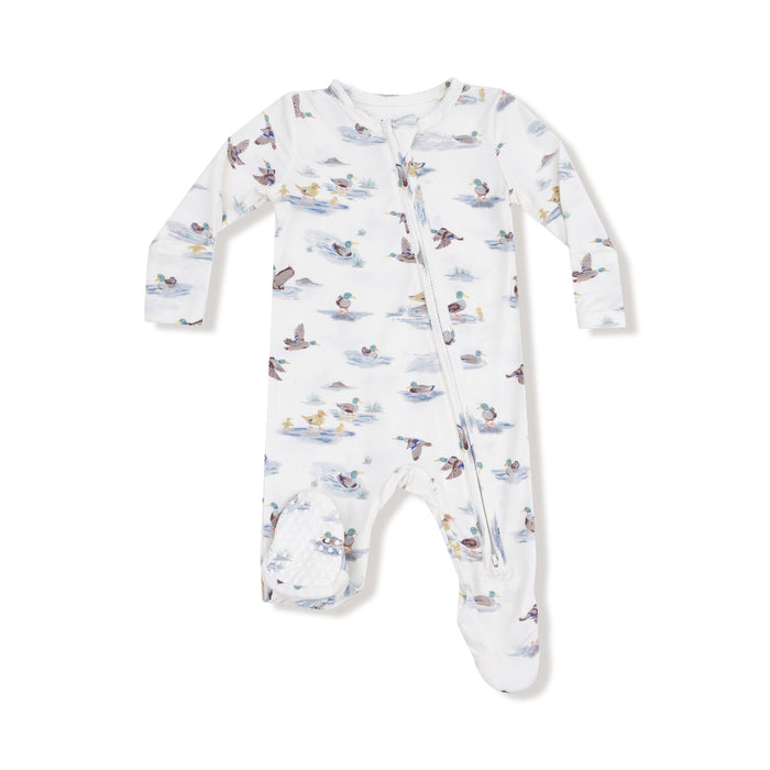 Front view of a baby footie with mallard duck print, zipper closure, and gripped footie bottoms