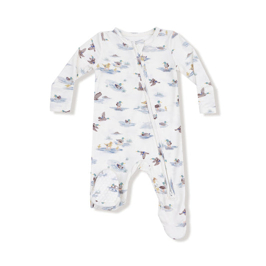 Front view of a baby footie with mallard duck print, zipper closure, and gripped footie bottoms