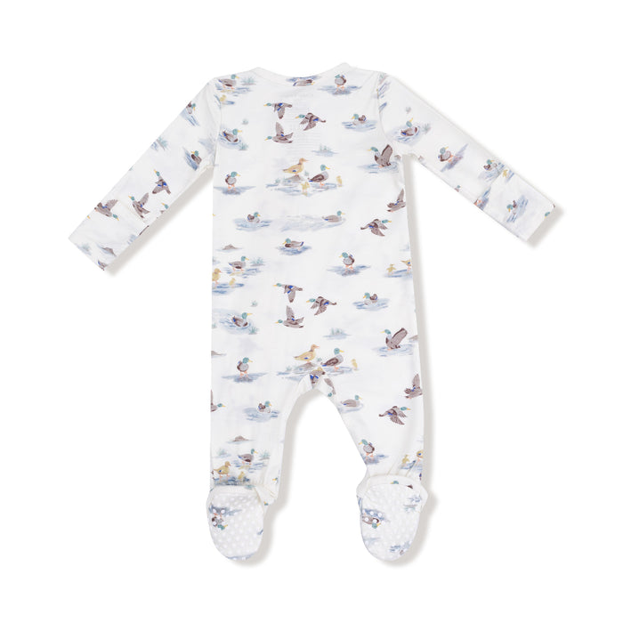 Back view of the footie showing full duck print and non-slip footie soles