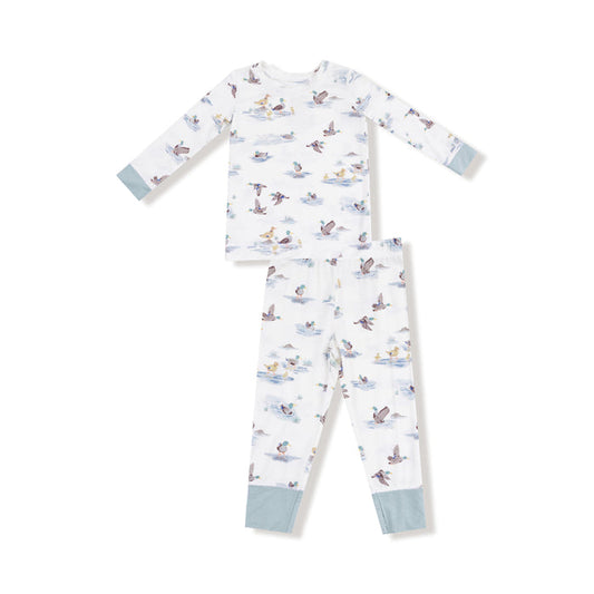 Children’s loungewear set with a migratory mallard duck print, featuring a long-sleeve top and matching pants with blue cuff accents.