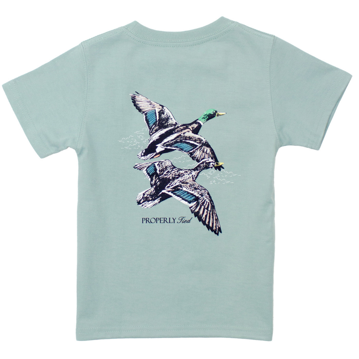 Marine mist boys t-shirt with flying duck migration graphic on the back and Properly Tied logo printed beneath the design