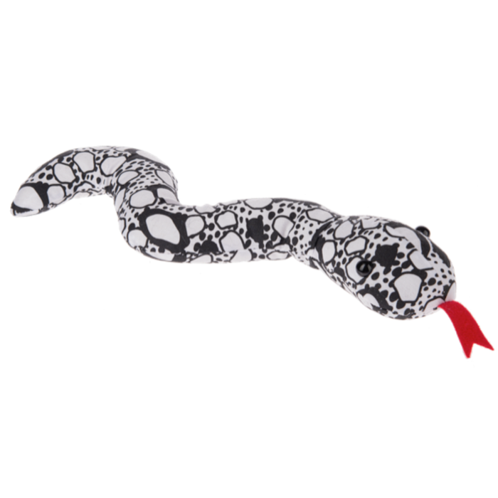 Mini fabric coloring snake with black-and-white patterned body, dimensional black eyes, curved shape, and bright red forked tongue.