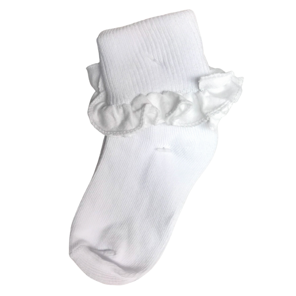 Girls cotton ruffle turn cuff socks with a soft cotton blend and decorative ruffle edge, shown cuffed for a classic look.