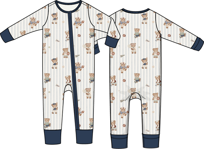 Baby romper with teddy bears playing sports on striped background, long sleeve zipper sleeper with navy trim