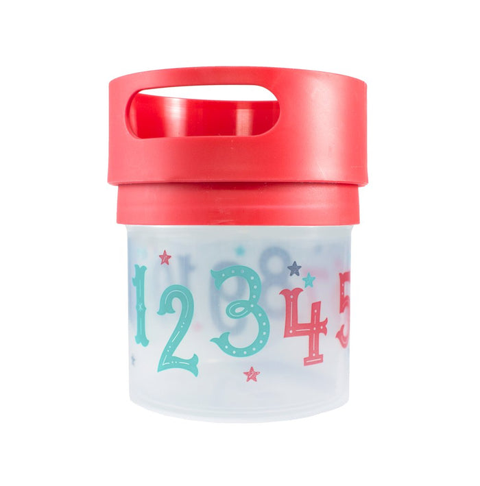 Munchie Mug spill proof cup with numbers graphic on container and a red lid