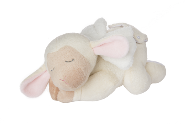 Soft cream Musical Sleepy Lamb plush lying down with closed embroidered eyes, beige face and hooves, and pale pink inner ears.