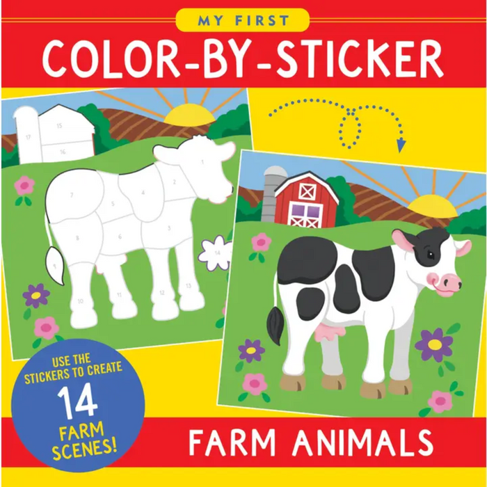 A black and white cow is being colored in with stickers. The image shows a before and after of the cow.