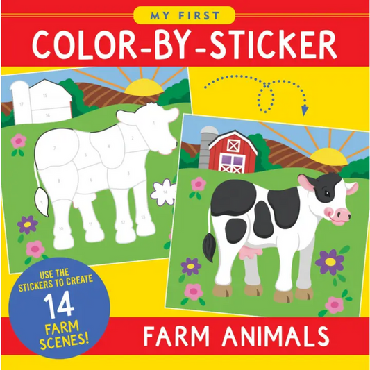A black and white cow is being colored in with stickers. The image shows a before and after of the cow.