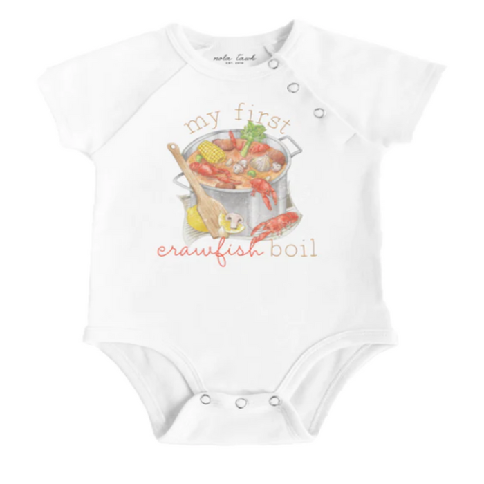 solid white onesie with my first crawfish graphic of a boiling pot with crawfish and all the fixings