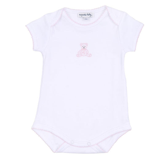Baby girl white onesie with pink teddy bear embroidery, short sleeves, picot trim, and snap closure