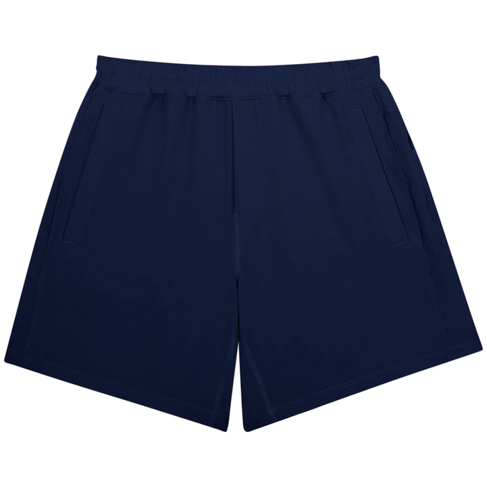 Boys solid navy blue athletic shorts with elastic waistband and side pockets displayed on white