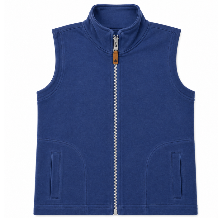 Sleeveless Knit Front Zip Up Vest with side pockets in a Washed Navy Blue