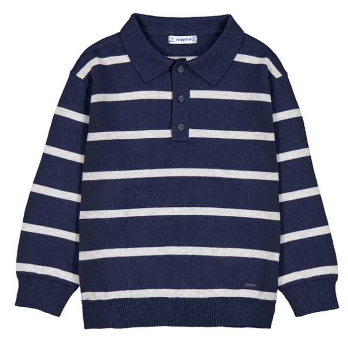 Boys navy knit sweater with white stripes, long sleeves, polo collar, and button placket