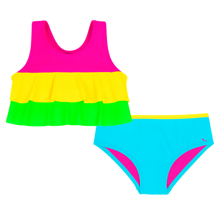 Neon girls’ 2-piece bikini with pink, yellow, and green ruffle tankini top and aqua bikini bottoms on a white background.