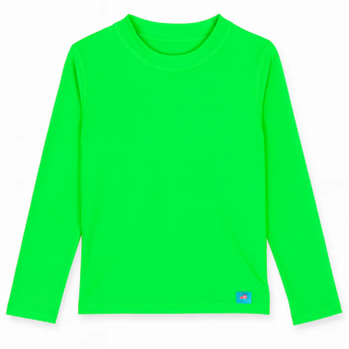 Bright lime green boys’ long-sleeve rashguard laid flat on a white background.
