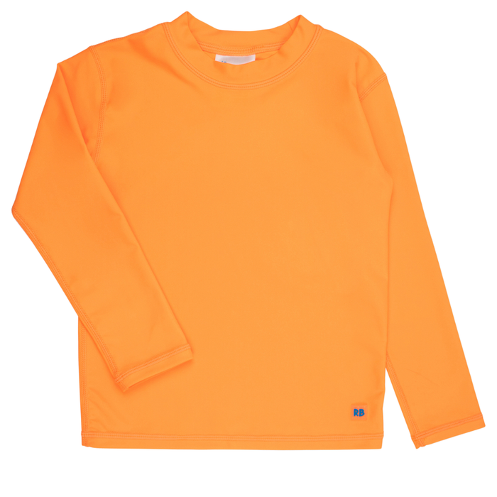 Neon orange boys’ long-sleeve rashguard laid flat on a white background.