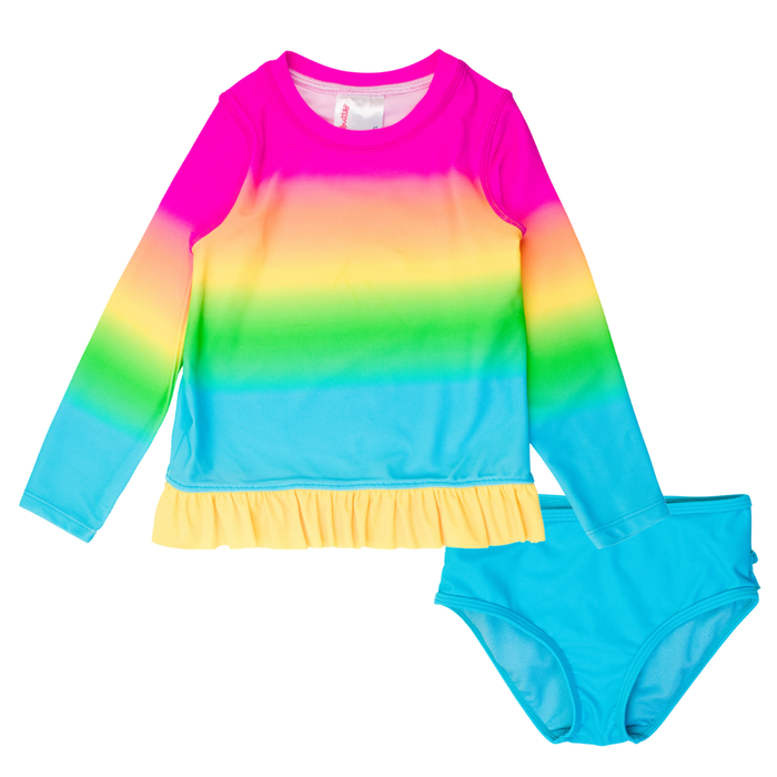 Long sleeve rashguard 2 piece with bright neon ombre in pink, orange, yellow and blue with yellow ruffle trim and blue bottoms