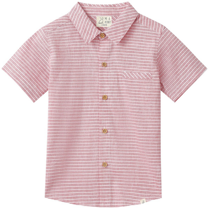 Boys red and white striped short sleeve button-down shirt with collar, wooden buttons, and chest pocket.