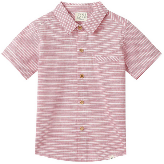 Boys red and white striped short sleeve button-down shirt with collar, wooden buttons, and chest pocket.
