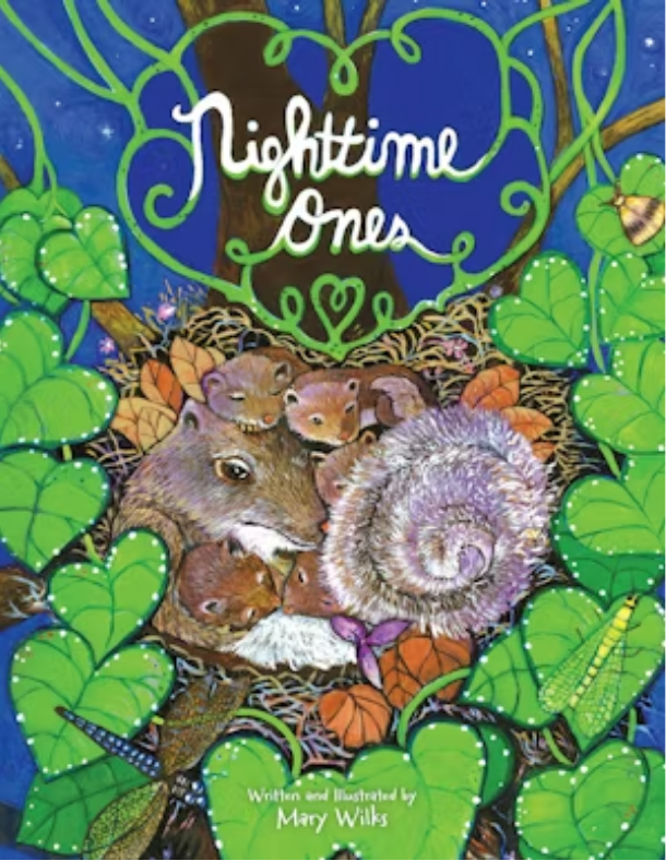 Children’s bedtime book Nighttime Ones featuring illustrated woodland animals nestled together under green leaves at night.