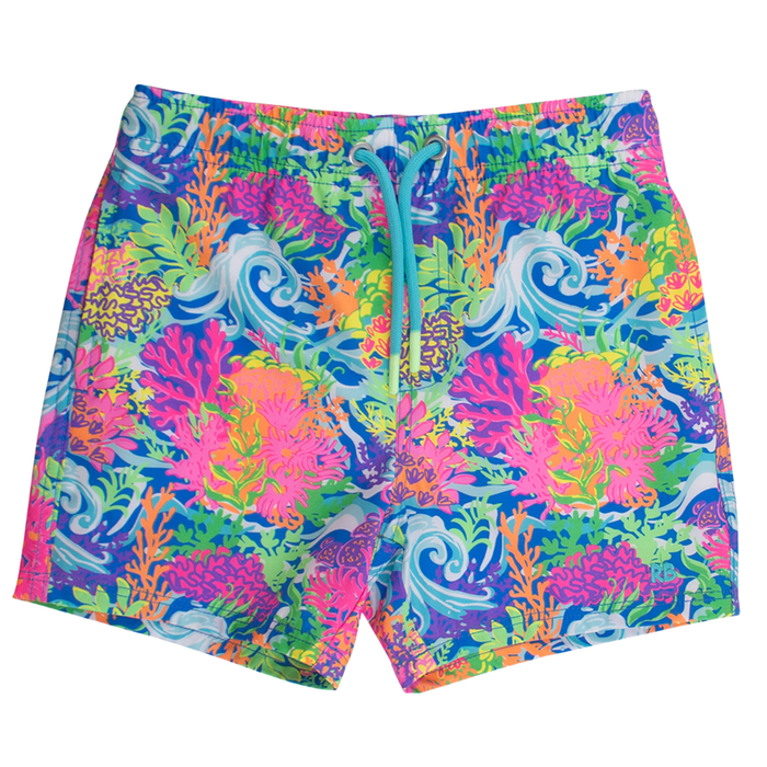 Colorful neon swim shorts with a vibrant coral reef pattern