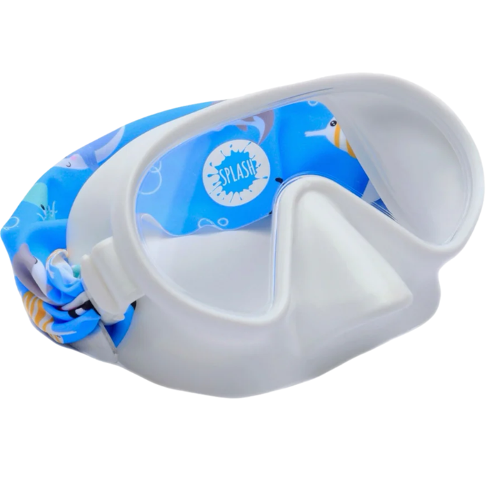 White kids full swim mask with clear lens and blue ocean print strap on white background.