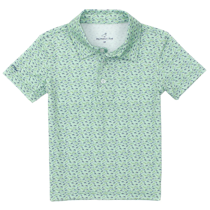 Boys mint green short sleeve polo shirt with small blue sea life print and two-button collar.