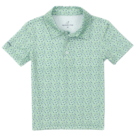 Boys mint green short sleeve polo shirt with small blue sea life print and two-button collar.