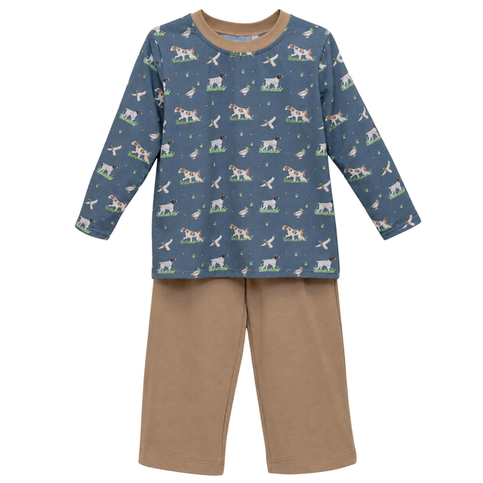 Boys two-piece outfit with blue hunting dog print long sleeve shirt and solid tan pants, soft and comfortable set.