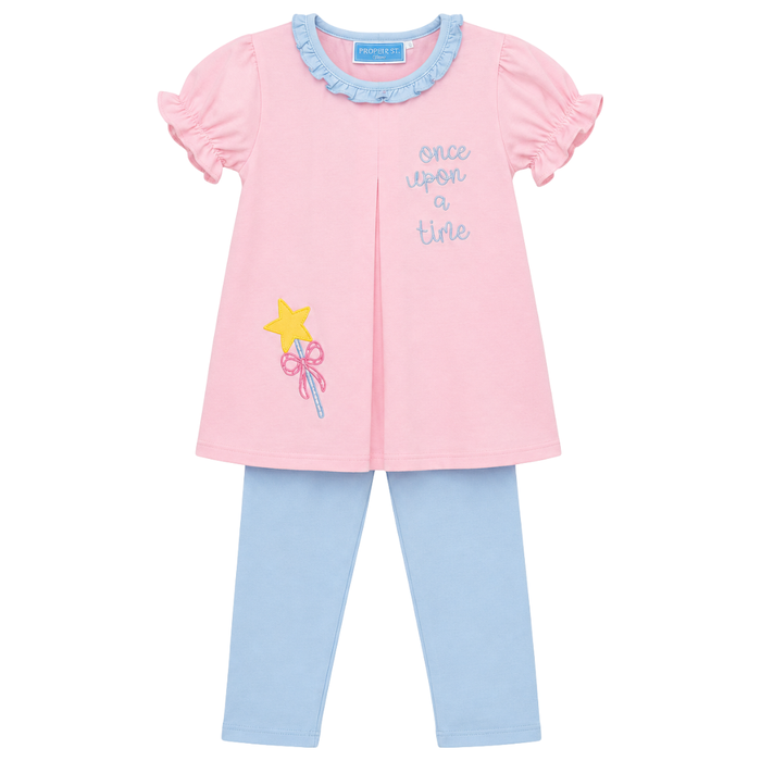 Girls pink and blue two-piece outfit with “Once upon a time” embroidery, wand design, ruffle neckline, and matching leggings.