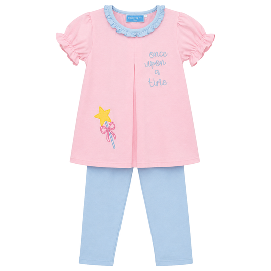 Girls pink and blue two-piece outfit with “Once upon a time” embroidery, wand design, ruffle neckline, and matching leggings.